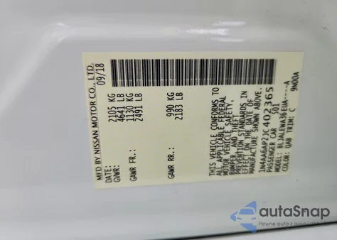 2018 Nissan Maxima 3.5S z USA, uszkodzony, nr VIN 1N4AA6AP2JC402365